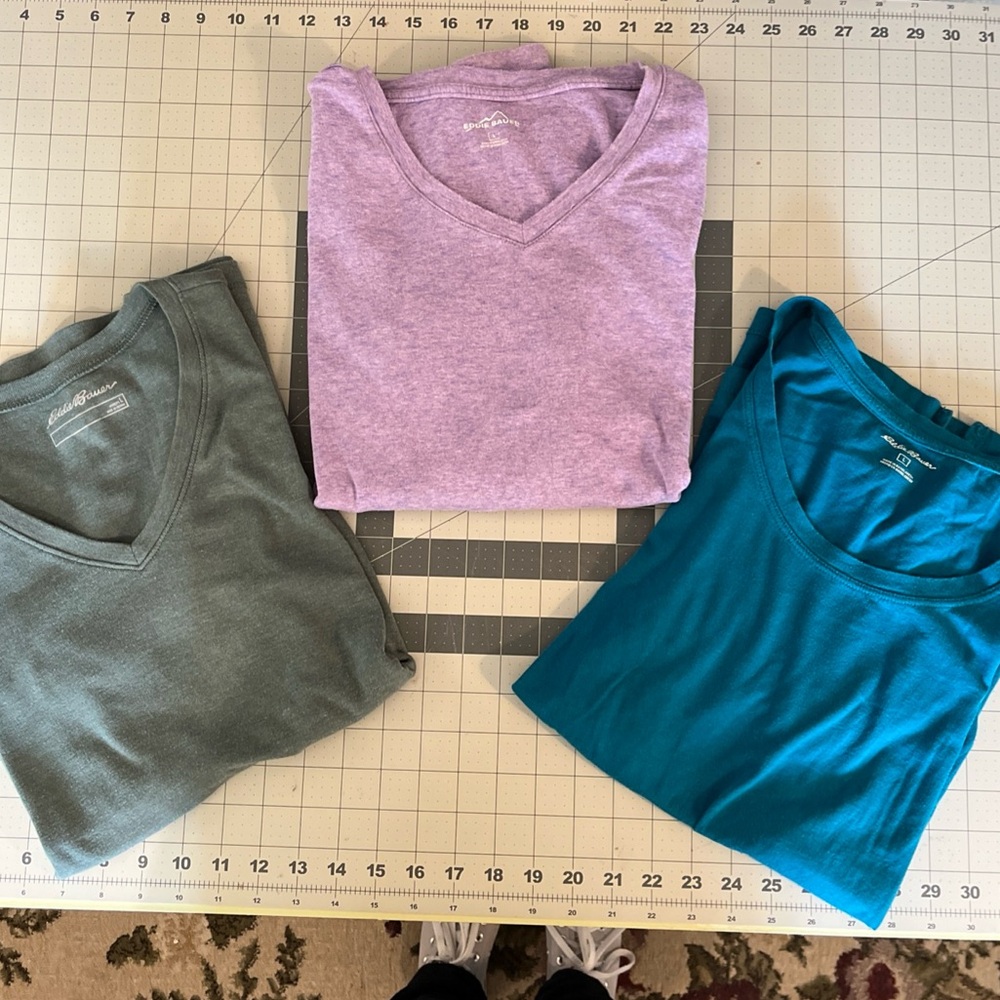 Eddie Bauer Lot of 3 Women's Tees L LS Purple, SS Teal, SS Cool Green